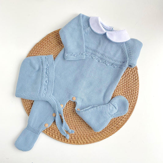 Blue Knitted Romper with White Collar