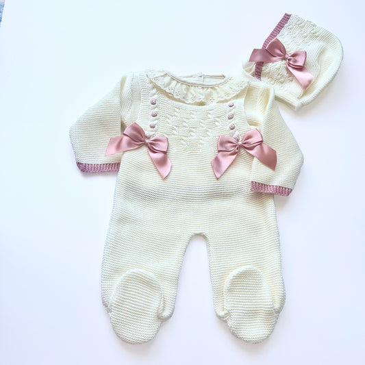 Beige & Pink Knitted Set with Satin Bows